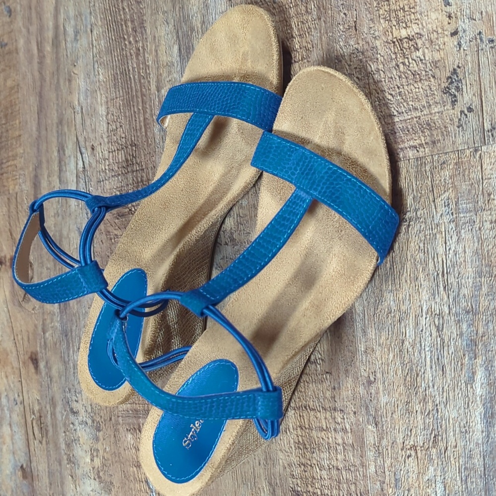 Blue wedge sandals